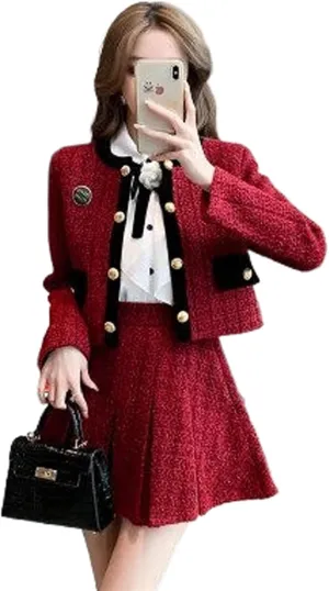 Winter Korean Sweet Tweed Two Piece Set Women Short Jacket Coat Mini Pleated Skirt Set Female Two Piece Outfits