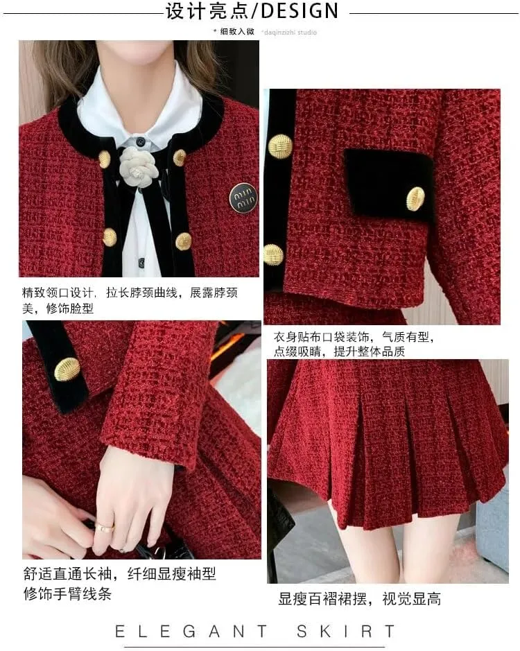 Winter Korean Sweet Tweed Two Piece Set Women Short Jacket Coat Mini Pleated Skirt Set Female Two Piece Outfits