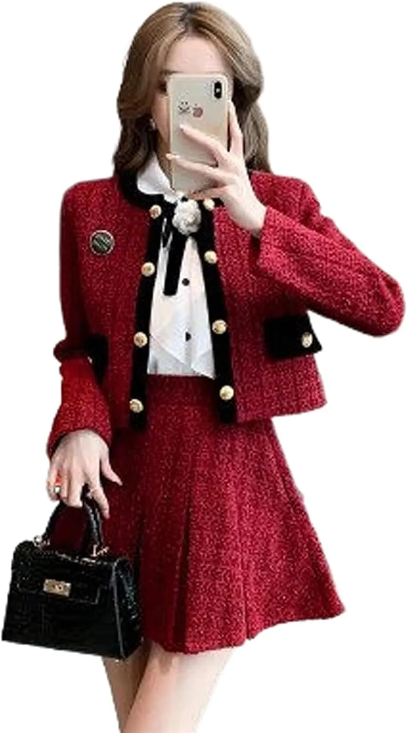 Winter Korean Sweet Tweed Two Piece Set Women Short Jacket Coat Mini Pleated Skirt Set Female Two Piece Outfits