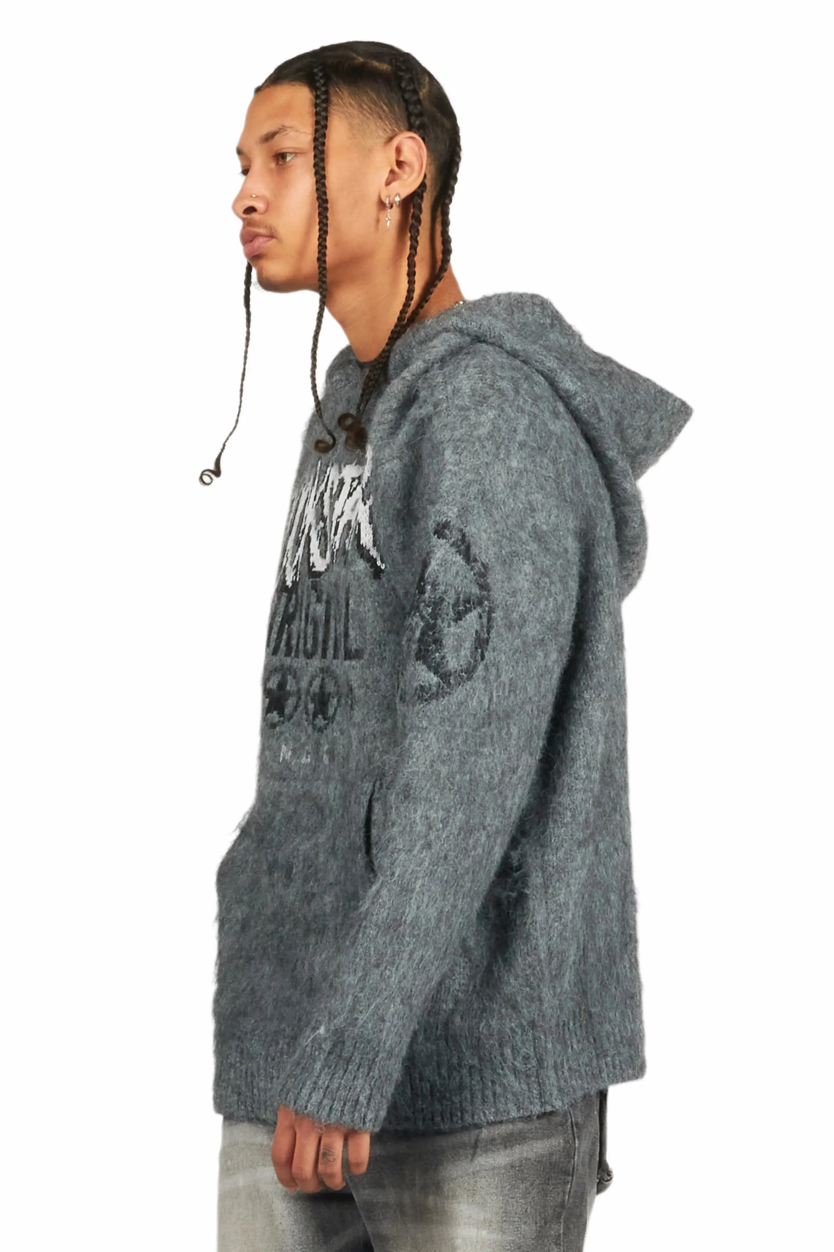 Wizzurd Grey Graphic Knitted Mohair Hoodie