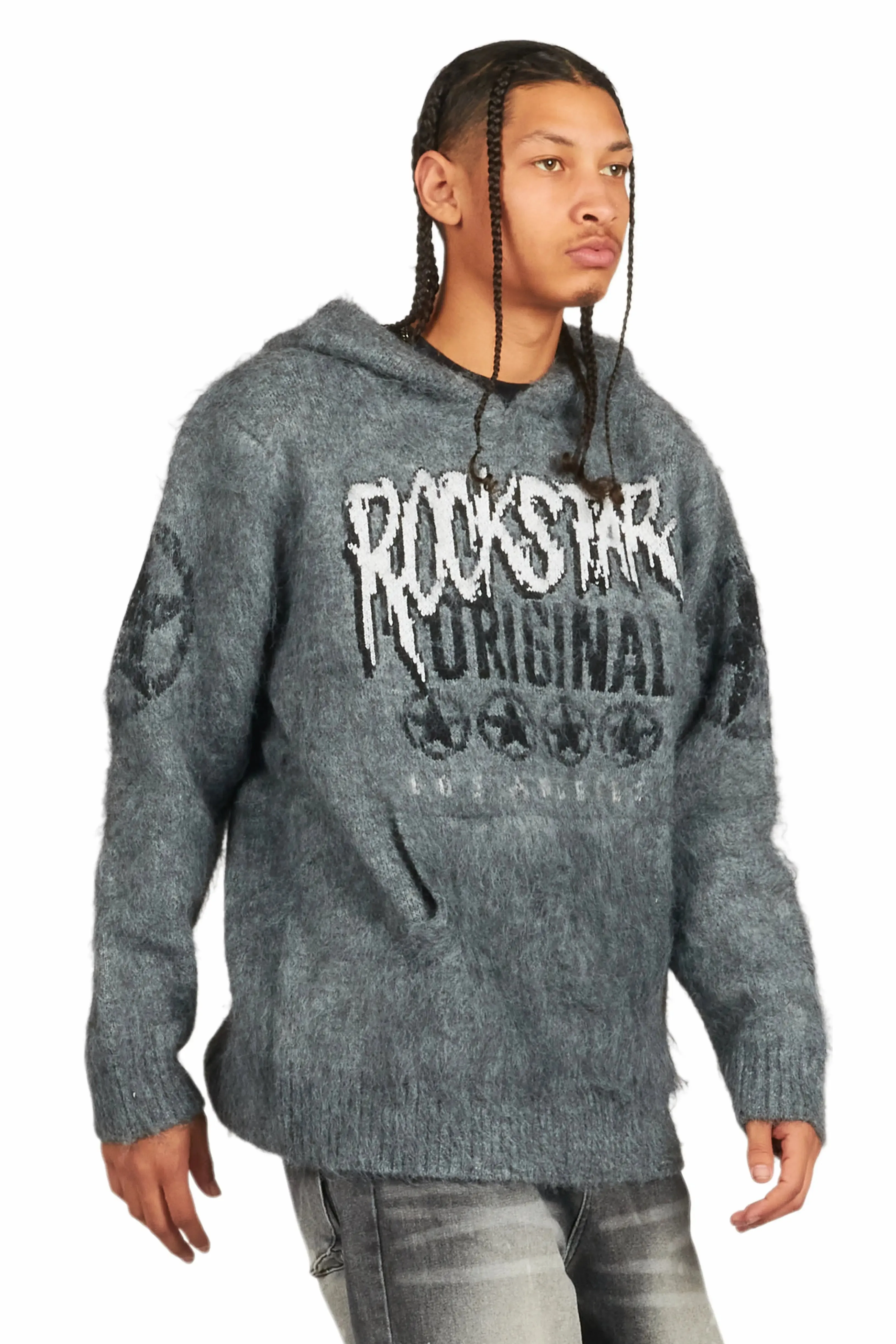 Wizzurd Grey Graphic Knitted Mohair Hoodie