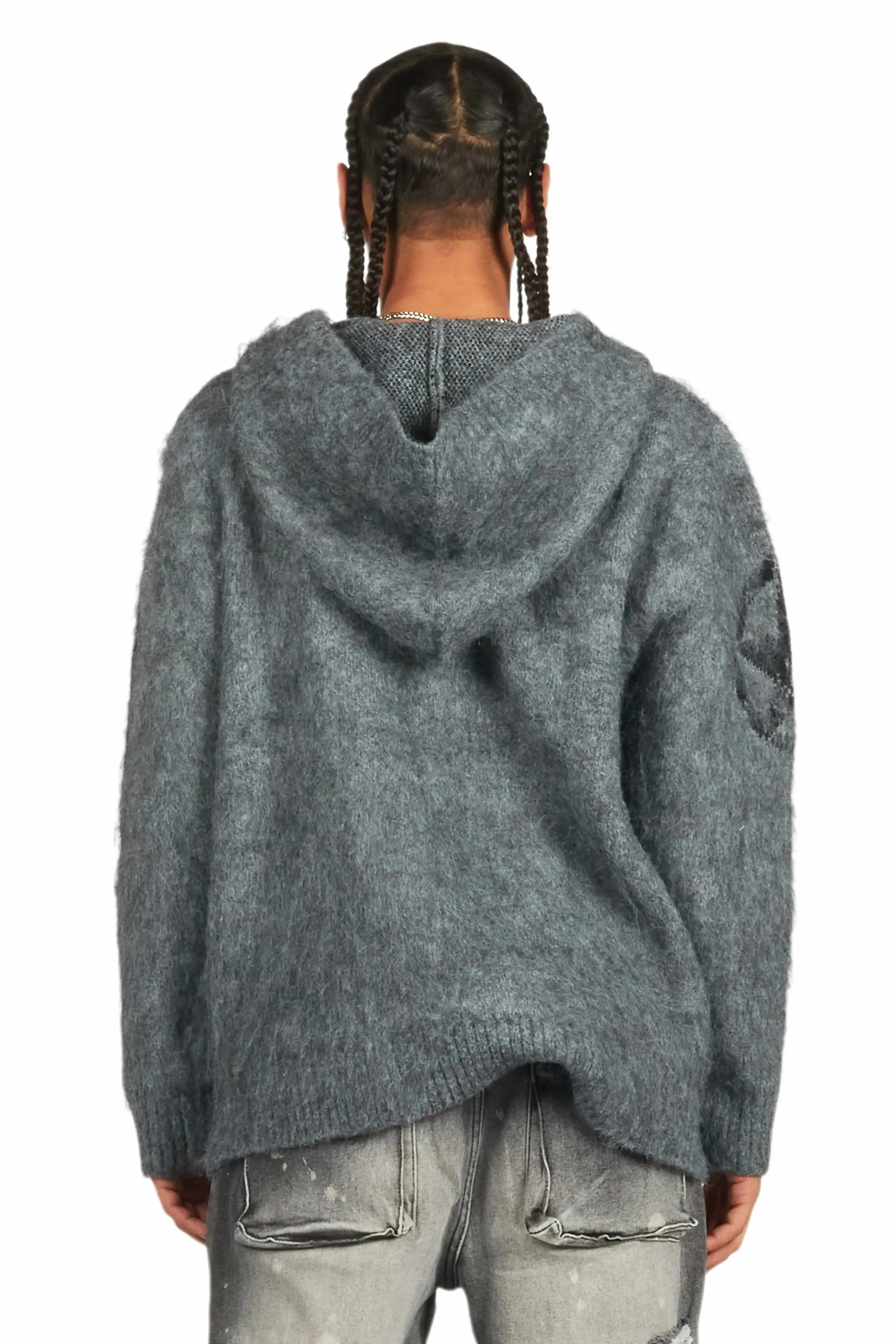 Wizzurd Grey Graphic Knitted Mohair Hoodie