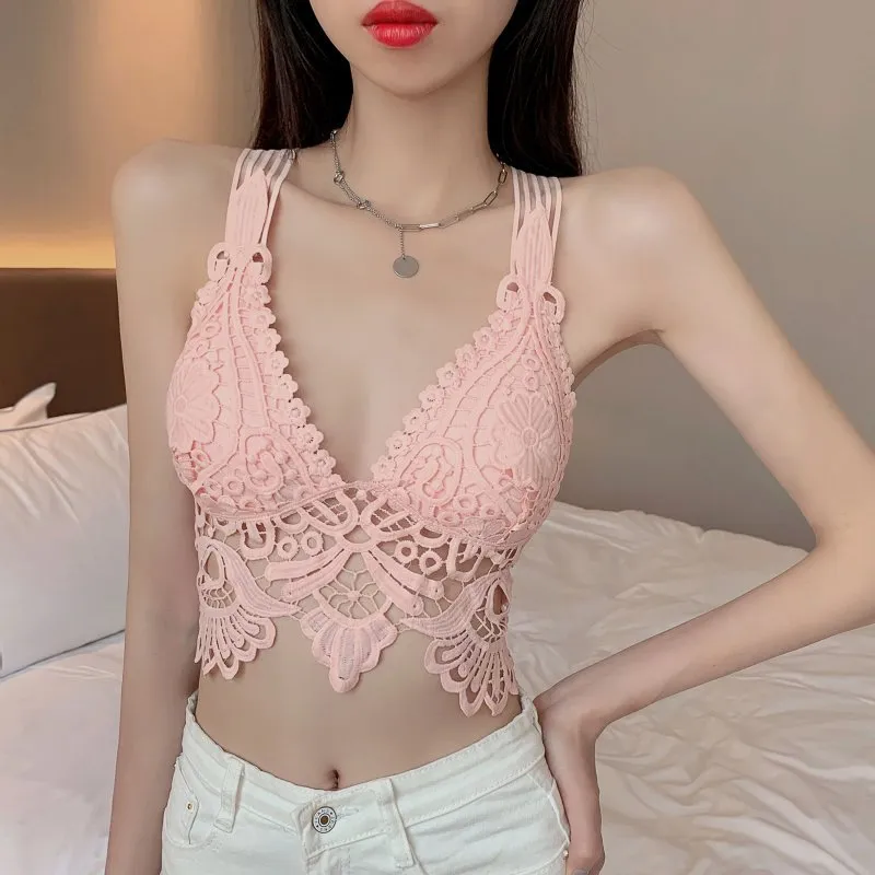 Wjczt Sexy Lace Beautiful Back Tank Top Solid Color Hollow Camisole Seamless Breathable Padded Underwear Backless 2022 New