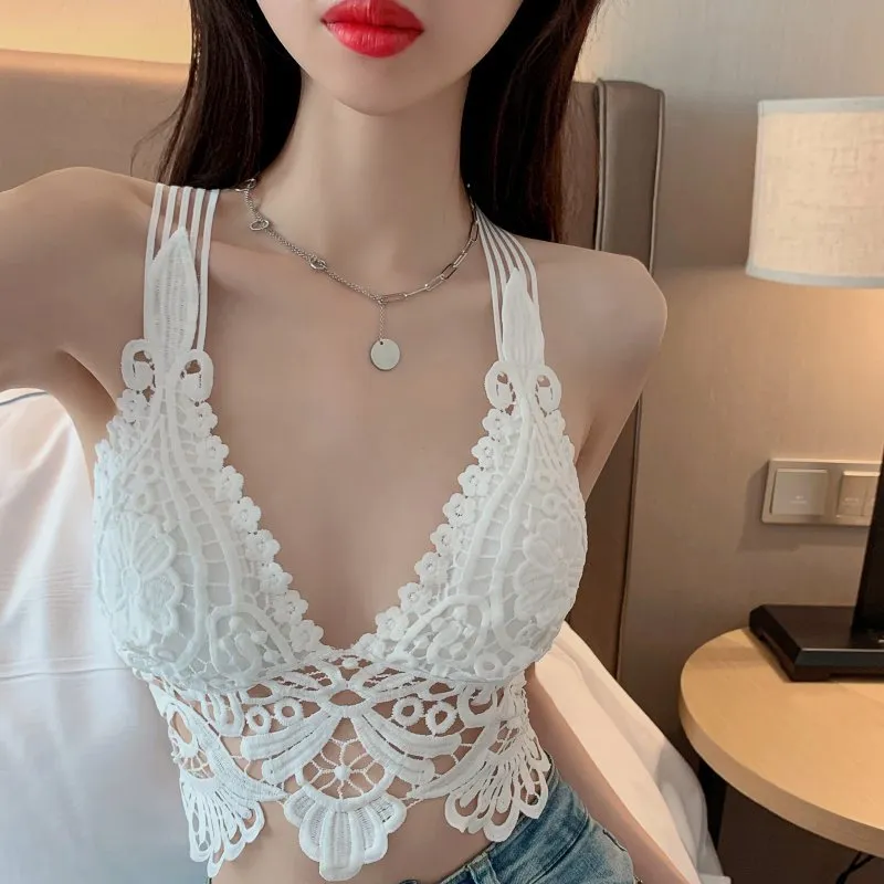 Wjczt Sexy Lace Beautiful Back Tank Top Solid Color Hollow Camisole Seamless Breathable Padded Underwear Backless 2022 New