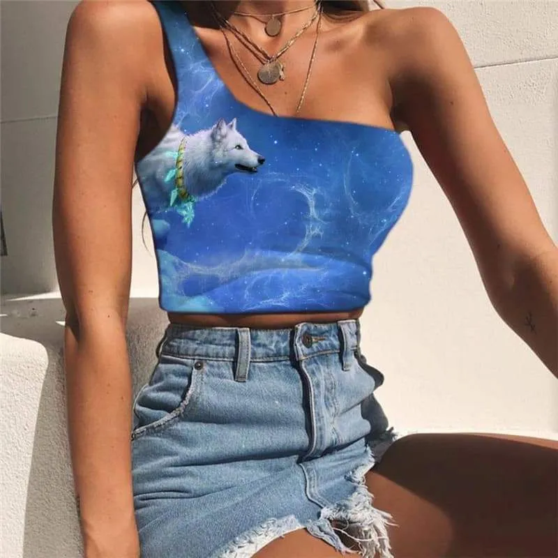 Wolf Tank Tops Women Animal Tees Graphic Anime Midriff T shirt Galaxy Sleeveless Shirt Moon One Shoulder Crop