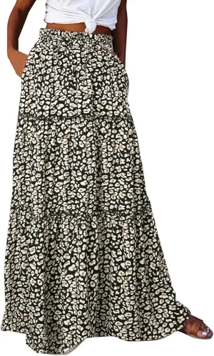 Women Boho Floral Maxi Skirt Elastic High Waist Tiered Pleated Flowy Long Summer Beach Casual Skirt