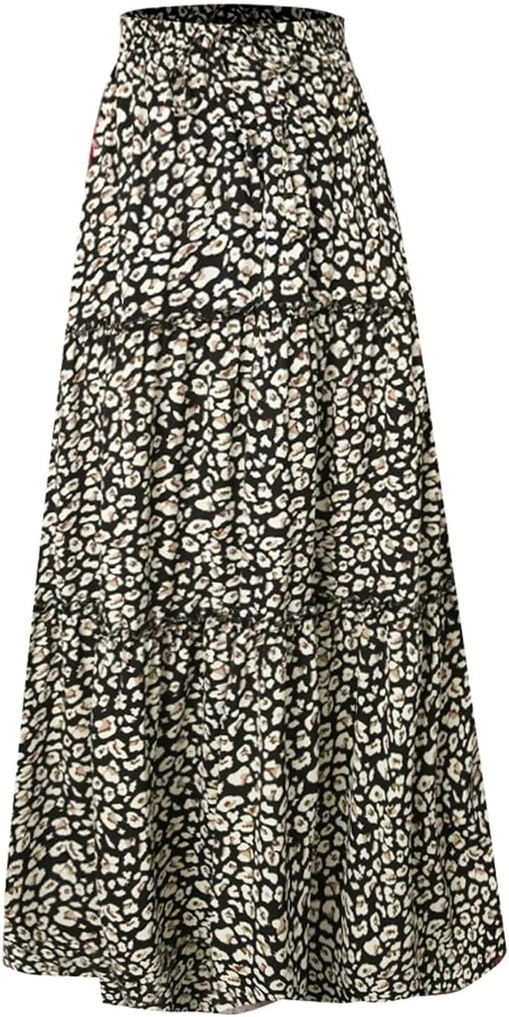 Women Boho Floral Maxi Skirt Elastic High Waist Tiered Pleated Flowy Long Summer Beach Casual Skirt