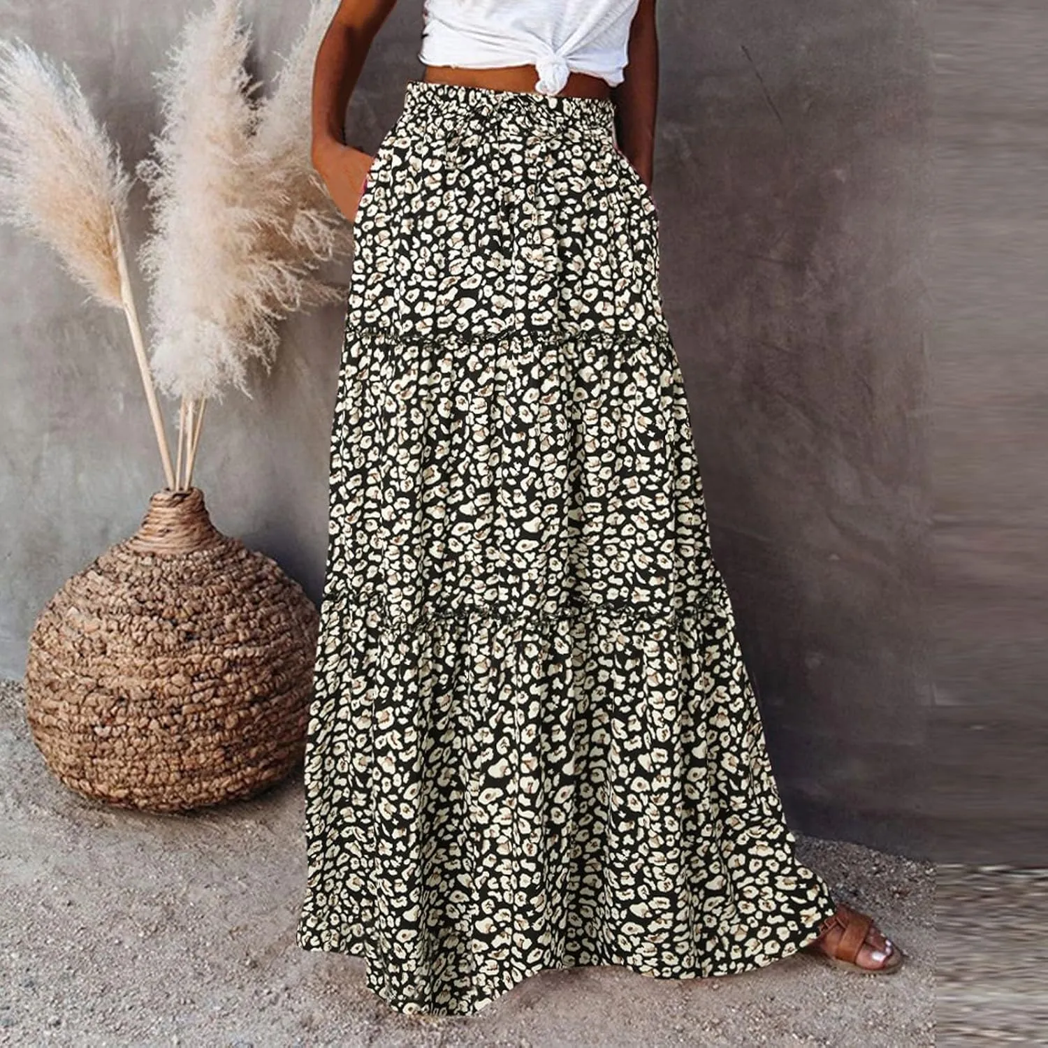Women Boho Floral Maxi Skirt Elastic High Waist Tiered Pleated Flowy Long Summer Beach Casual Skirt