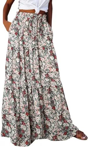 Women Boho Floral Maxi Skirt Elastic High Waist Tiered Pleated Flowy Long Summer Beach Casual Skirt