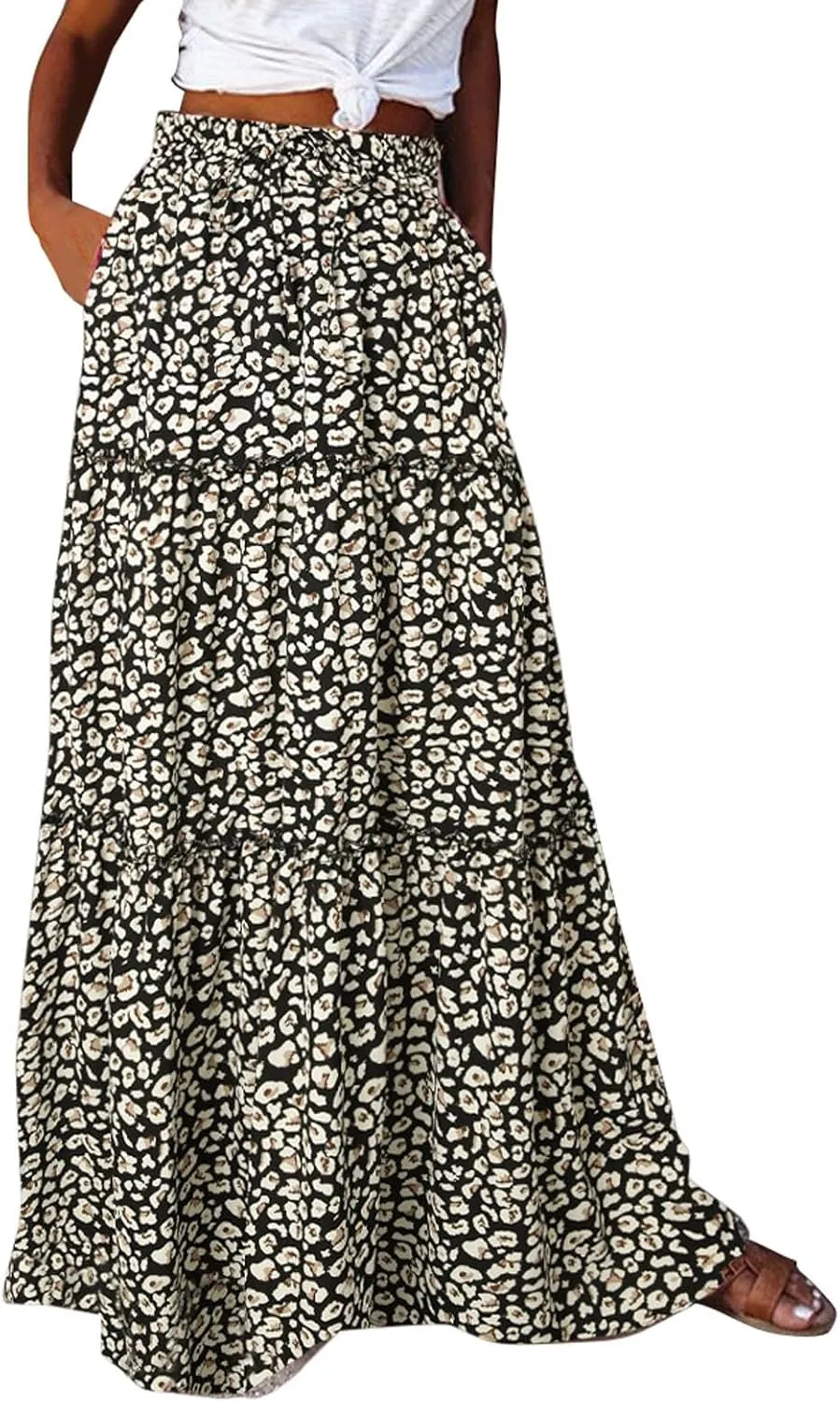 Women Boho Floral Maxi Skirt Elastic High Waist Tiered Pleated Flowy Long Summer Beach Casual Skirt