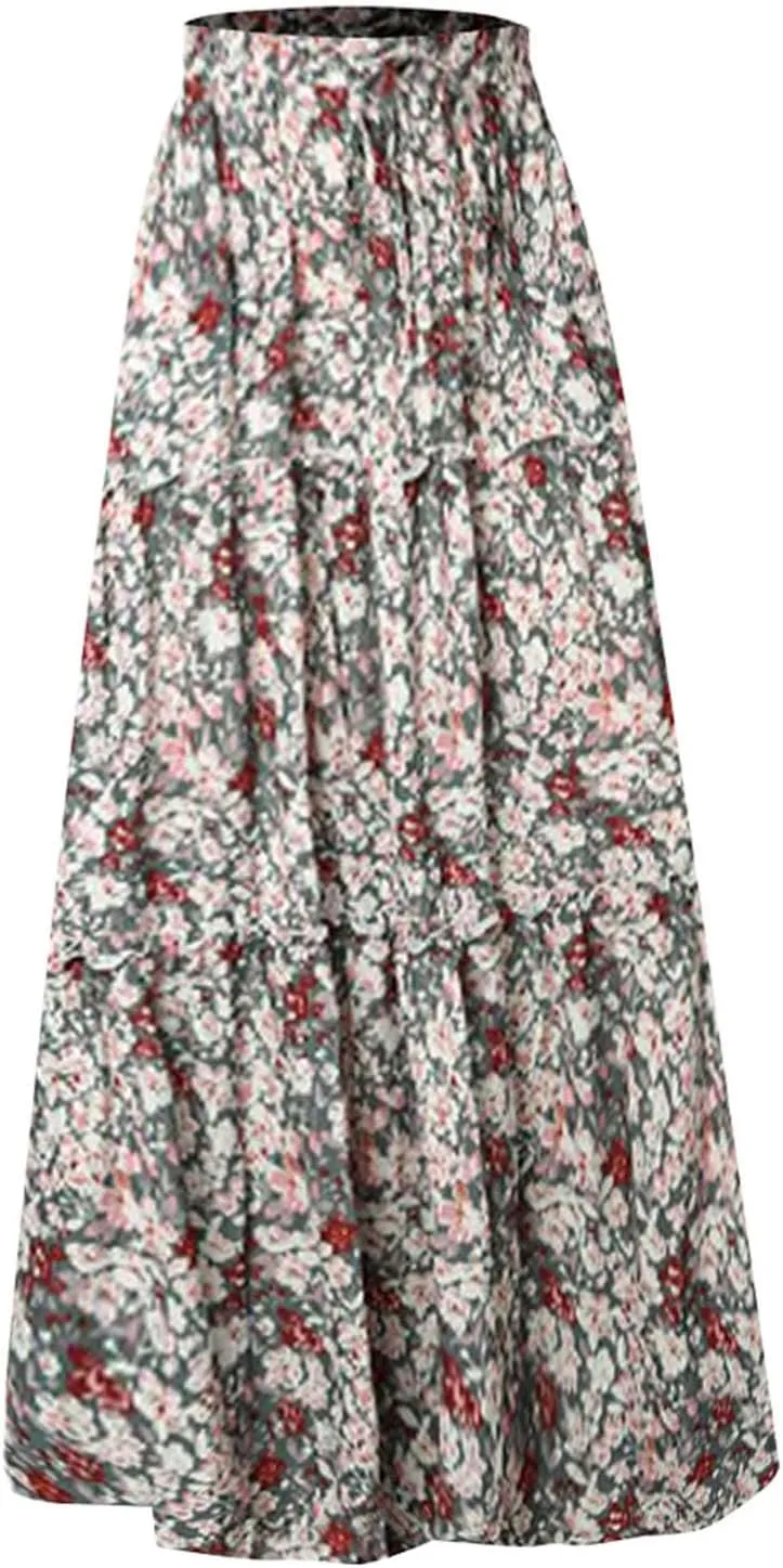 Women Boho Floral Maxi Skirt Elastic High Waist Tiered Pleated Flowy Long Summer Beach Casual Skirt