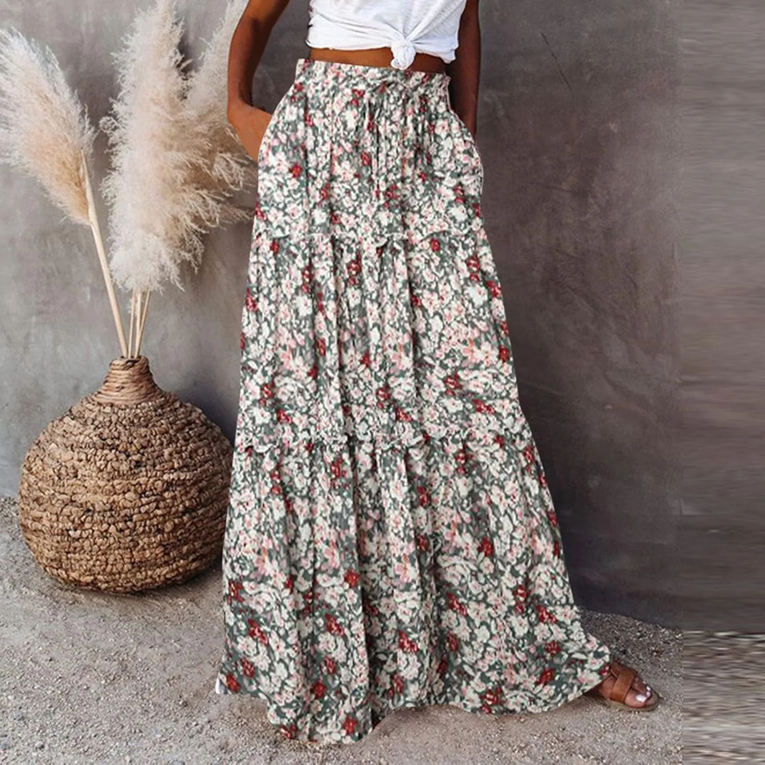 Women Boho Floral Maxi Skirt Elastic High Waist Tiered Pleated Flowy Long Summer Beach Casual Skirt