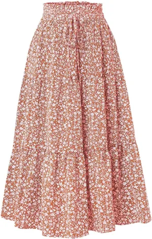 Women Casual Boho Floral Maxi Skirt Elastic High Waist Tiered Pleated Flowy Long Summer Beach Skirt