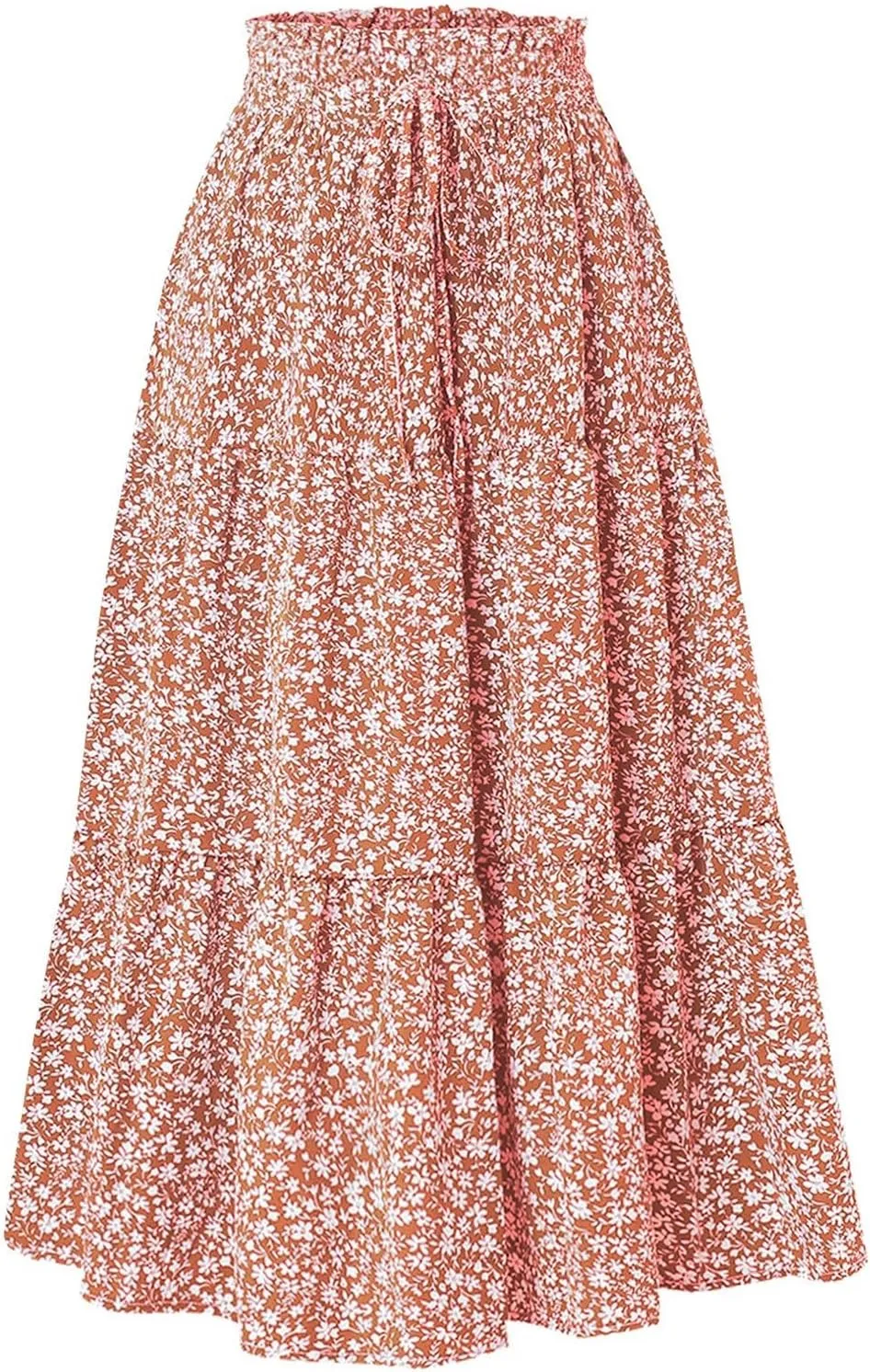 Women Casual Boho Floral Maxi Skirt Elastic High Waist Tiered Pleated Flowy Long Summer Beach Skirt