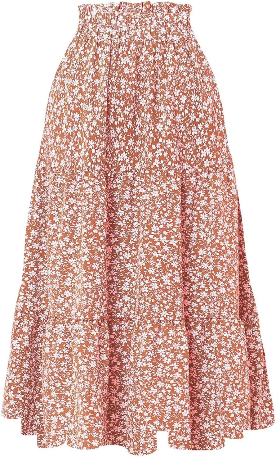 Women Casual Boho Floral Maxi Skirt Elastic High Waist Tiered Pleated Flowy Long Summer Beach Skirt