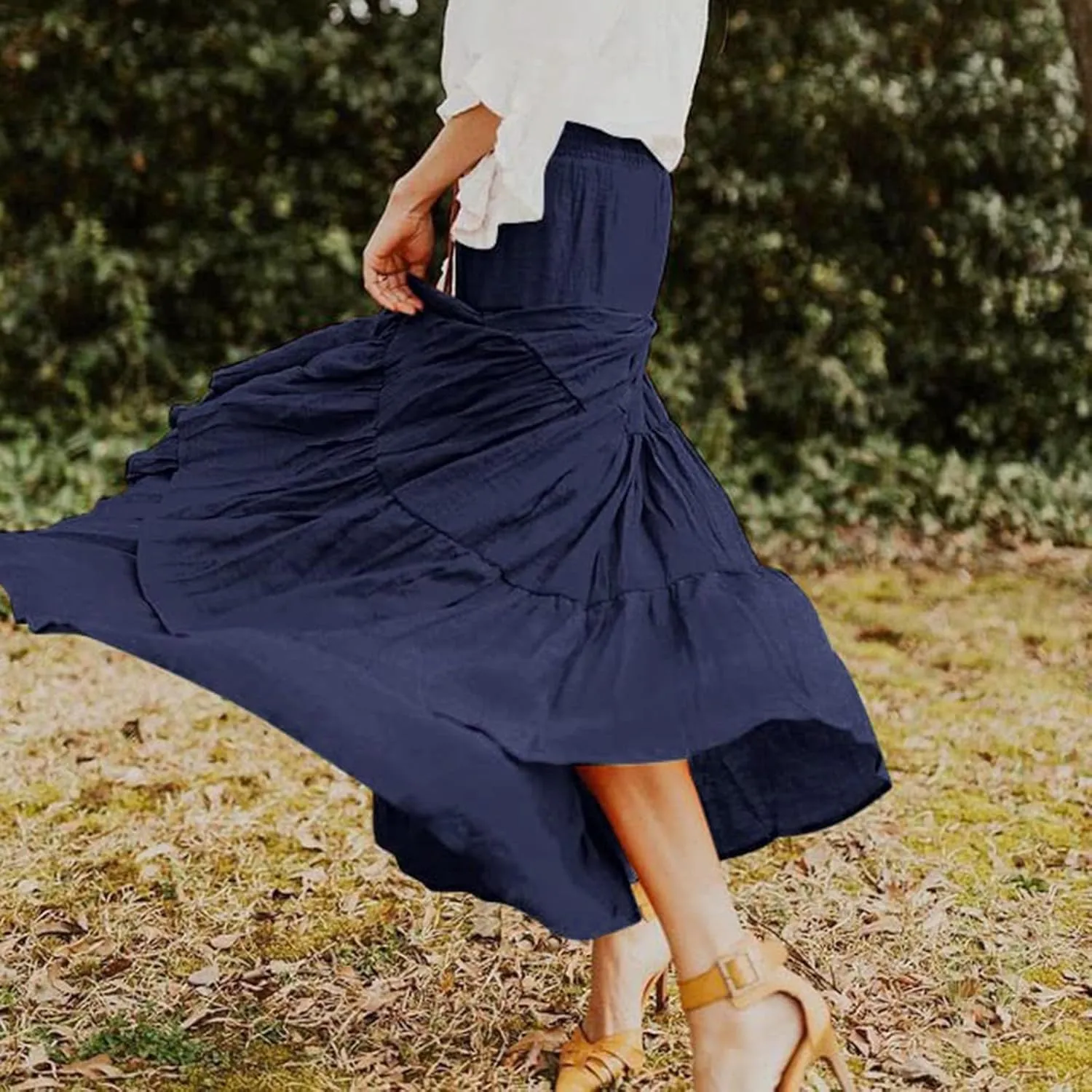 Women Casual Summer Flowy Long Skirts Boho Floral Elastic High Waist Tiered Pleated Beach Maxi Skirt