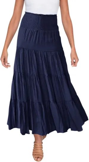 Women Casual Summer Flowy Long Skirts Boho Floral Elastic High Waist Tiered Pleated Beach Maxi Skirt
