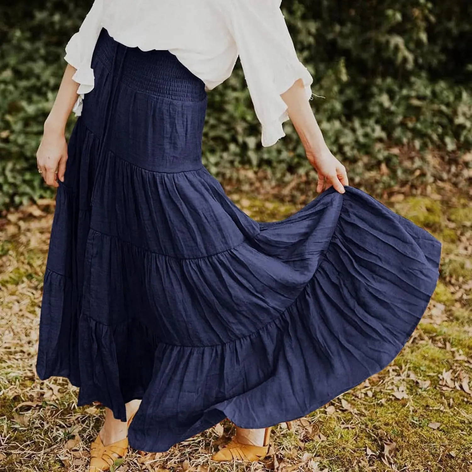 Women Casual Summer Flowy Long Skirts Boho Floral Elastic High Waist Tiered Pleated Beach Maxi Skirt