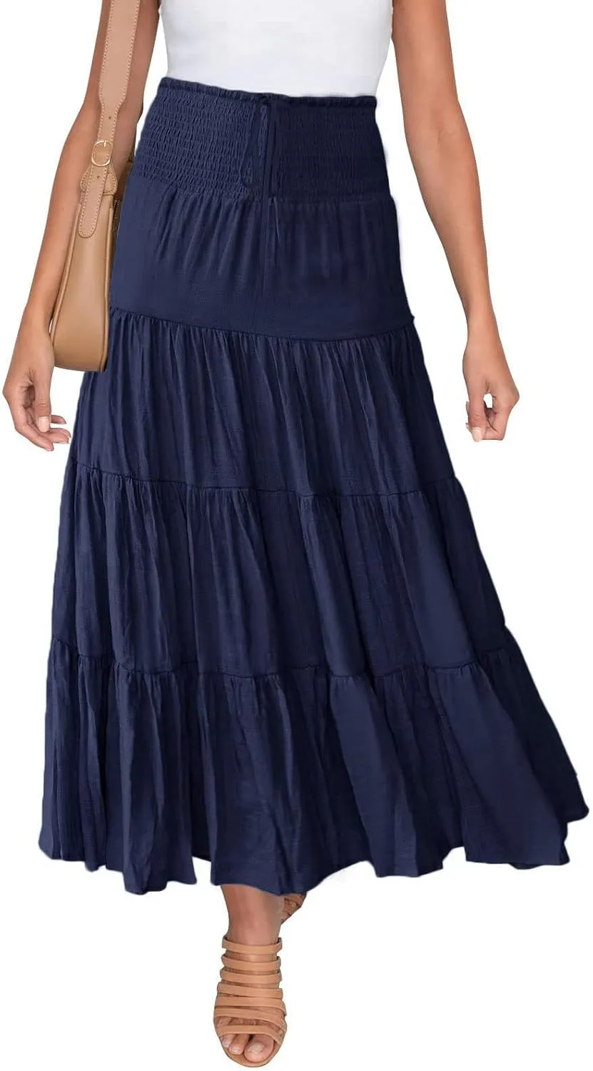Women Casual Summer Flowy Long Skirts Boho Floral Elastic High Waist Tiered Pleated Beach Maxi Skirt