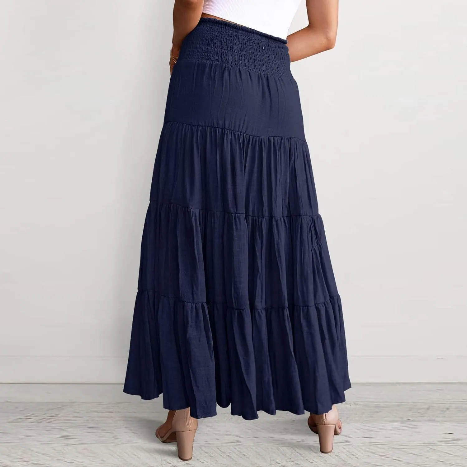 Women Casual Summer Flowy Long Skirts Boho Floral Elastic High Waist Tiered Pleated Beach Maxi Skirt