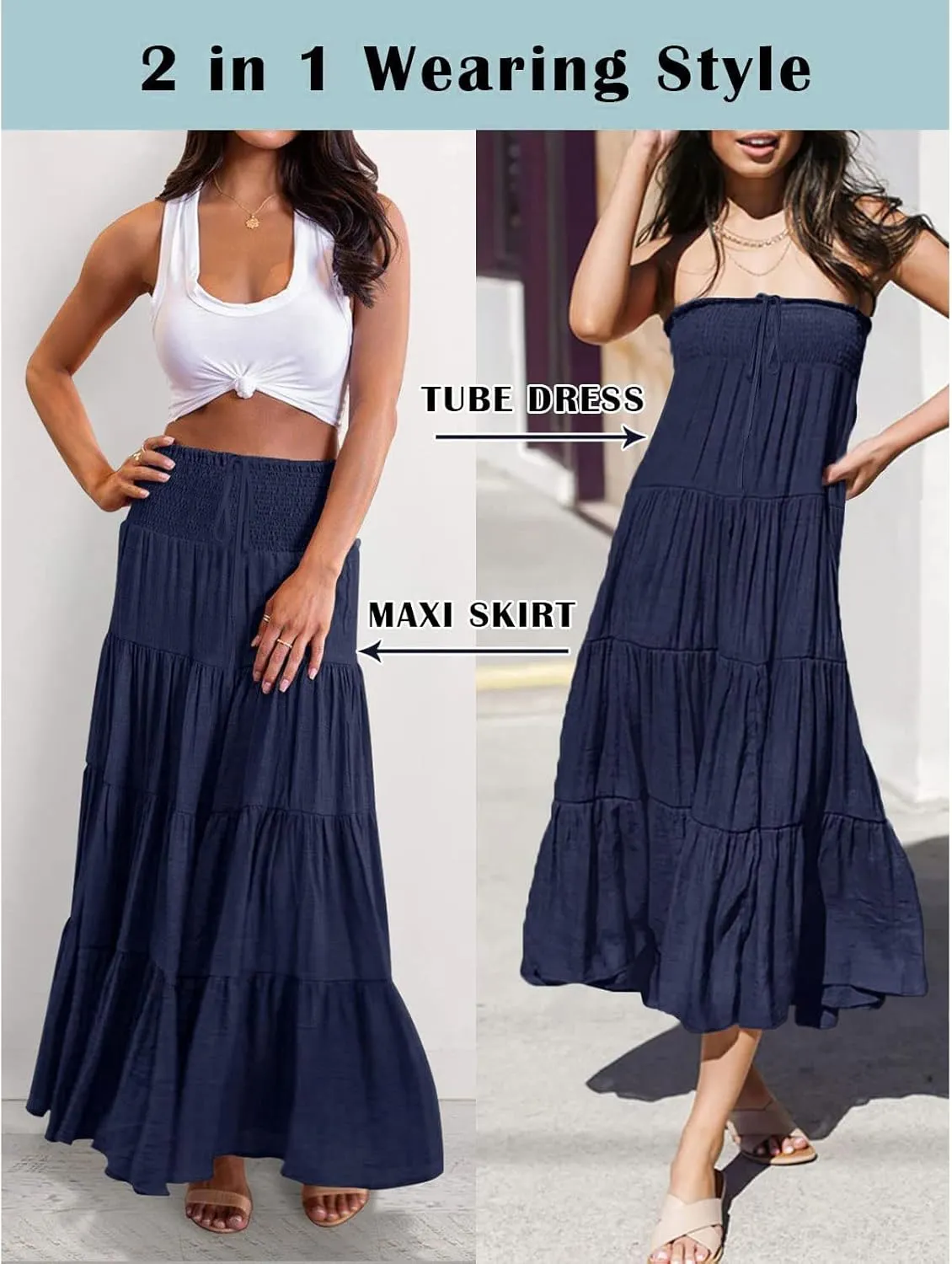 Women Casual Summer Flowy Long Skirts Boho Floral Elastic High Waist Tiered Pleated Beach Maxi Skirt