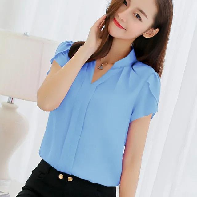 Women Chiffon Blouse Short Sleeve Office Ladies Shirts Plus Size Work Top Plus Size