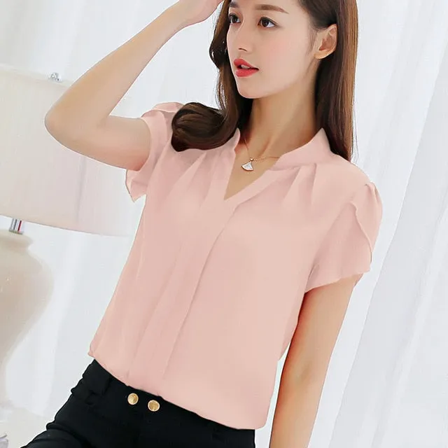 Women Chiffon Blouse Short Sleeve Office Ladies Shirts Plus Size Work Top Plus Size