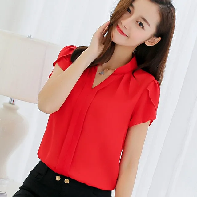 Women Chiffon Blouse Short Sleeve Office Ladies Shirts Plus Size Work Top Plus Size