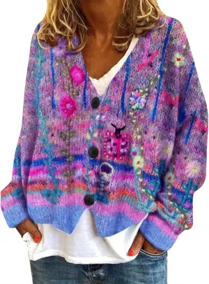 Women Cropped Cardigan Sweaters Striped Flower Lightweight Button Down V Neck Knit Lady Jackets 2024 Fall Outfits