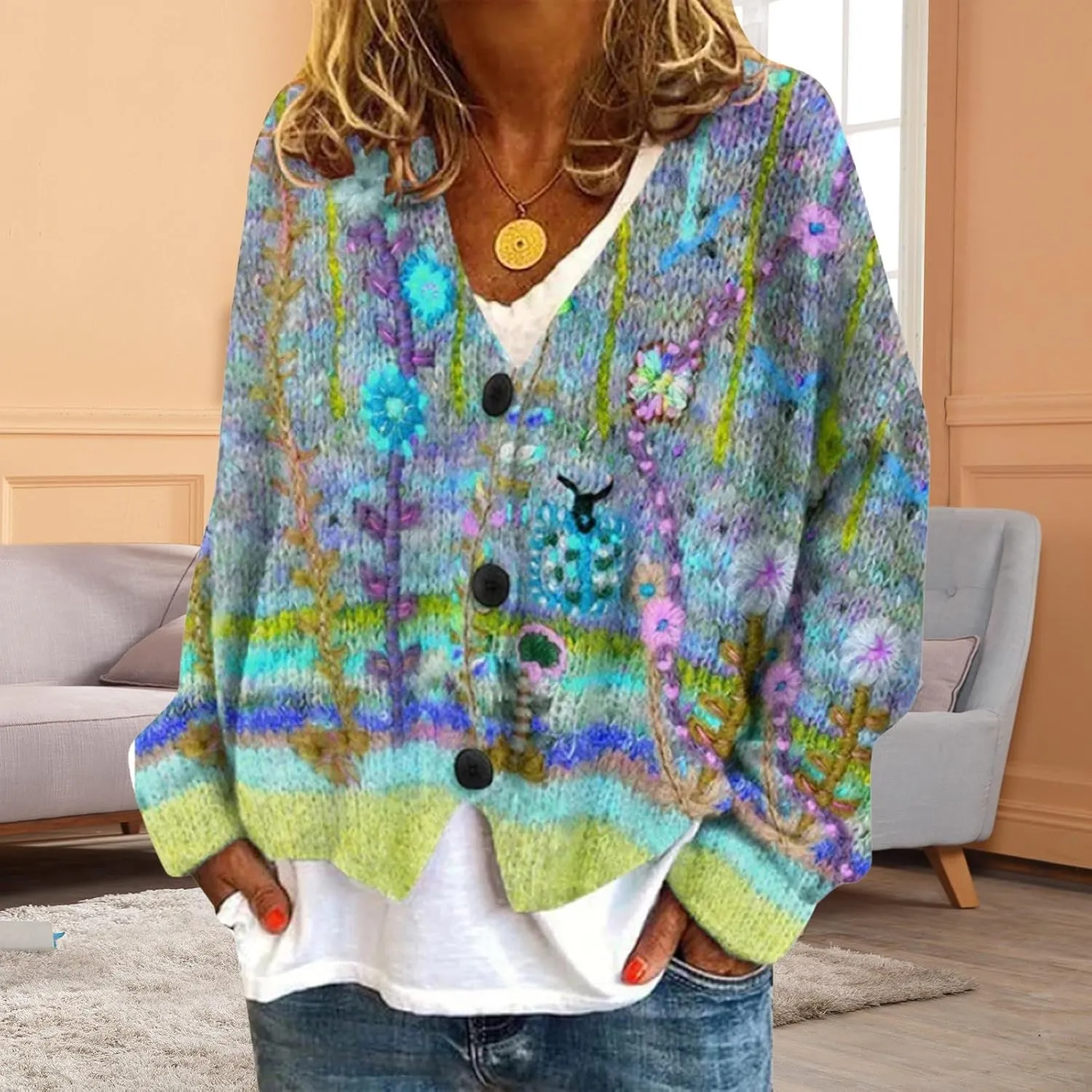 Women Cropped Cardigan Sweaters Striped Flower Lightweight Button Down V Neck Knit Lady Jackets 2024 Fall Outfits