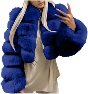 Women Elegant Faux Fur Coat Sexy Plus Size Short Jacket Warm Furry Faux Crop Jacket Long Sleeve Outerwear for Winter