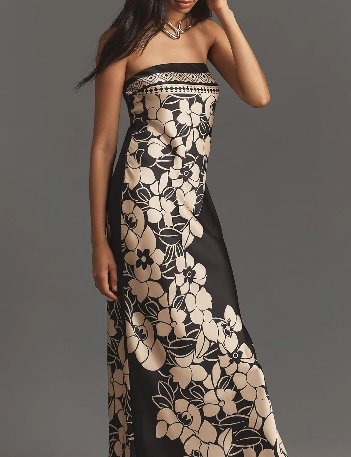 Women Floral Strapless Maxi Dress Y2K Bodycon Tube Long Dresses Sexy Party Formal Cocktail Beach Slit Dress