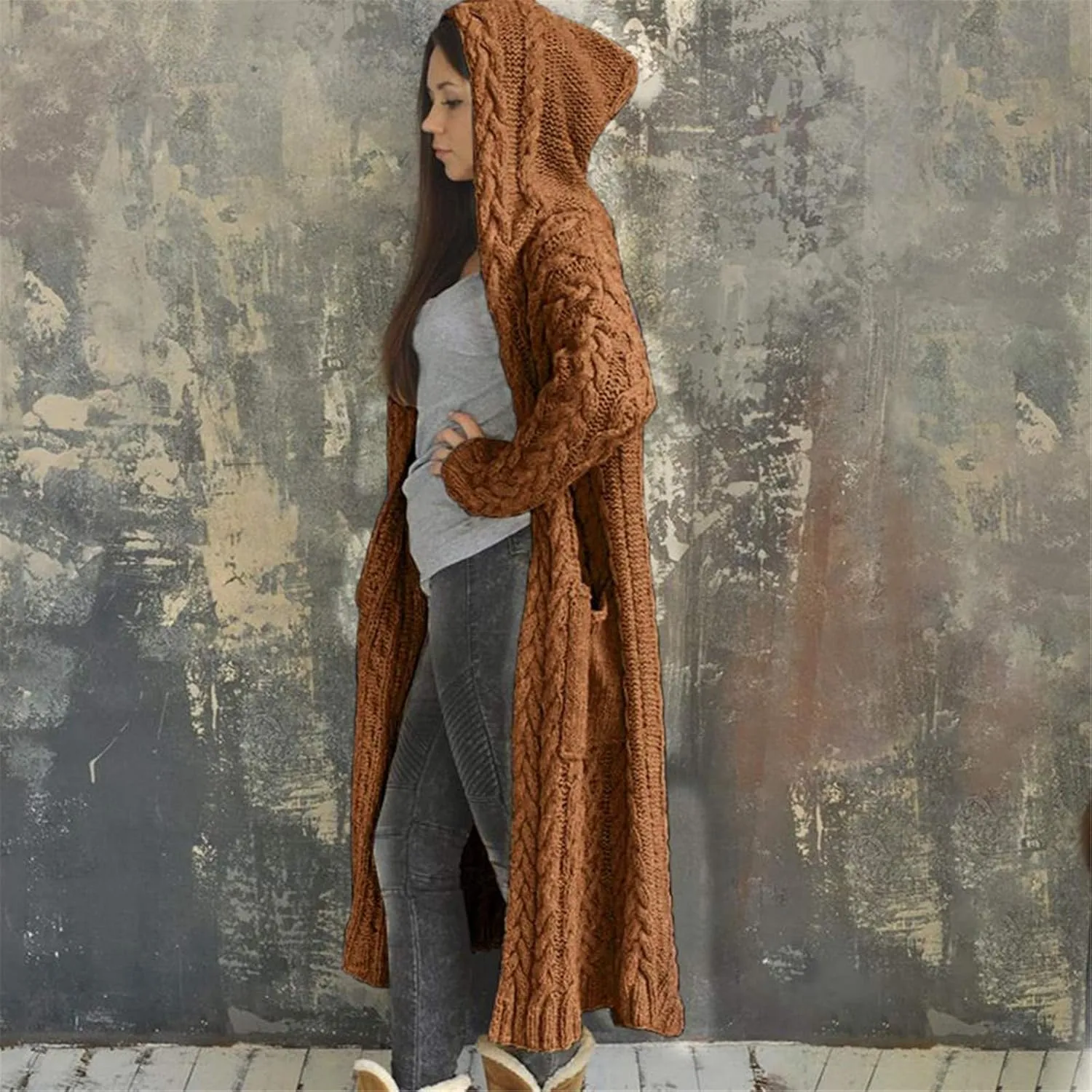 Women Knitted Hooded Sweater Coats with Pockets Loose Long Cardigan Sweaters Oversized Winter Trendy 2025