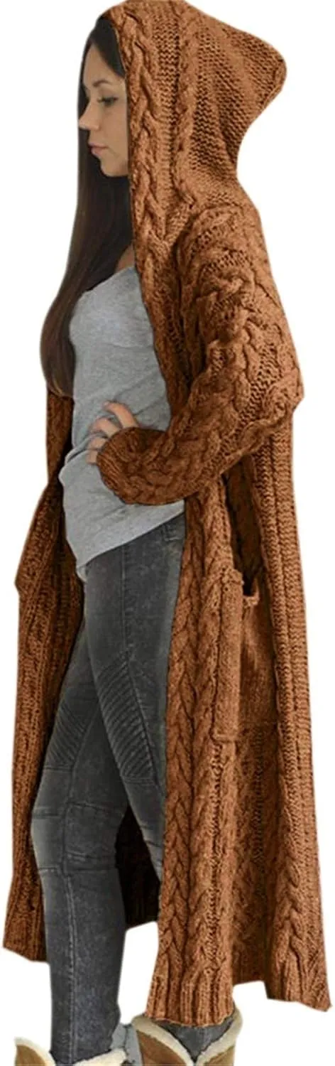 Women Knitted Hooded Sweater Coats with Pockets Loose Long Cardigan Sweaters Oversized Winter Trendy 2025