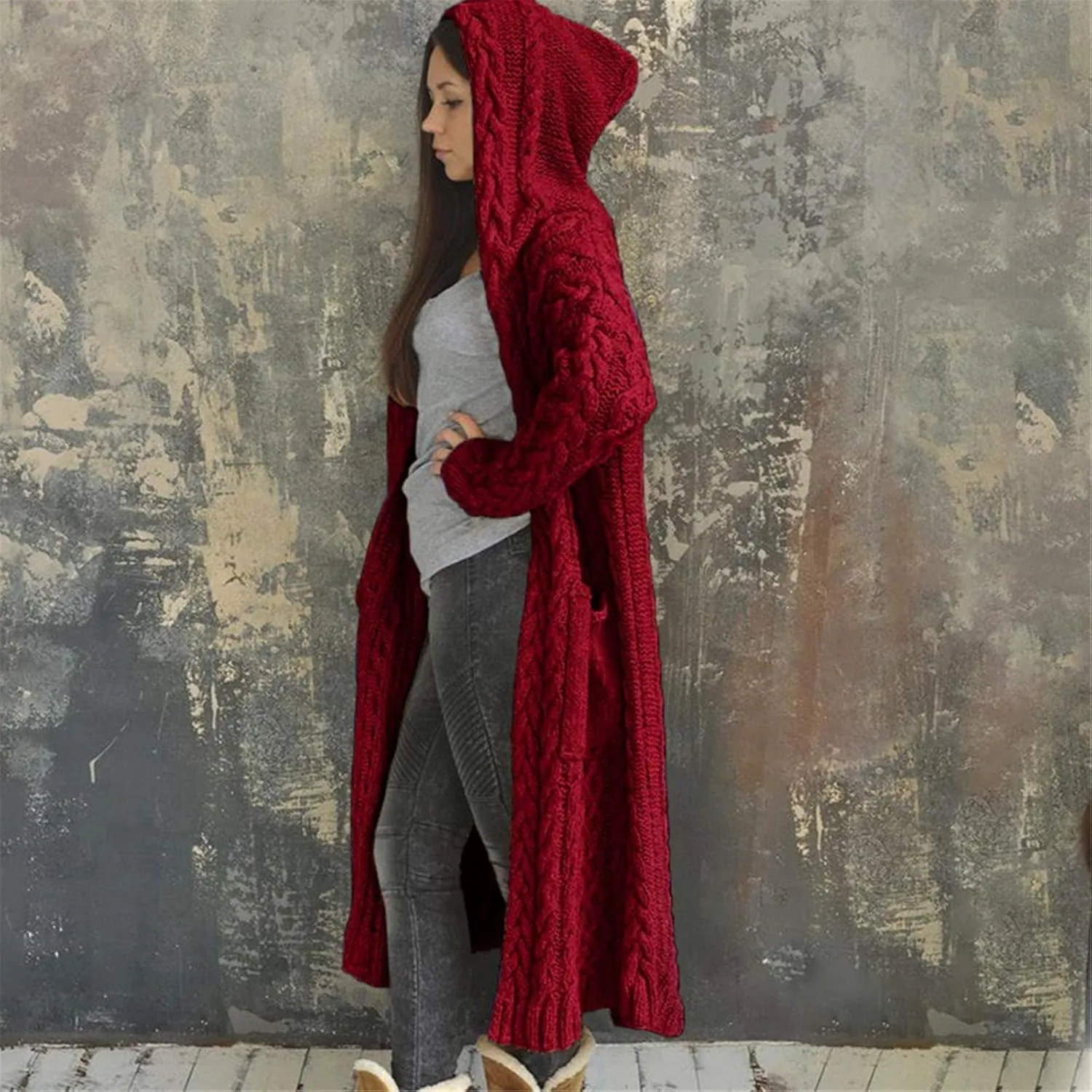 Women Knitted Hooded Sweater Coats with Pockets Loose Long Cardigan Sweaters Oversized Winter Trendy 2025