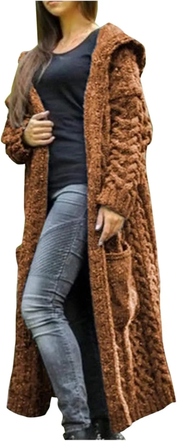 Women Knitted Hooded Sweater Coats with Pockets Loose Long Cardigan Sweaters Oversized Winter Trendy 2025