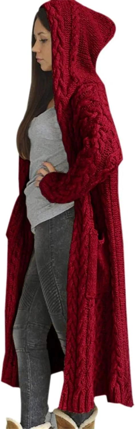 Women Knitted Hooded Sweater Coats with Pockets Loose Long Cardigan Sweaters Oversized Winter Trendy 2025