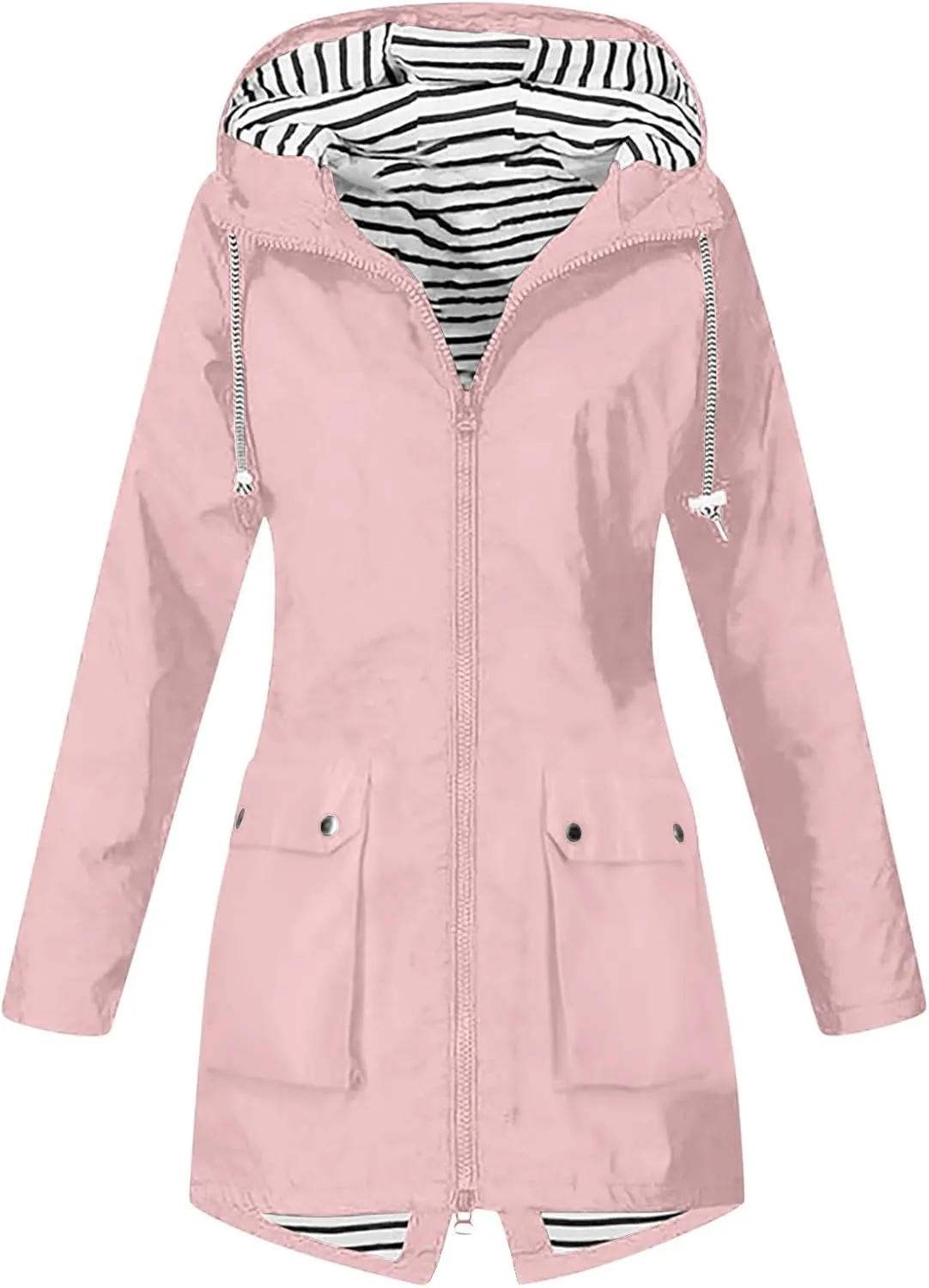 Women Light Rain Jacket with Hood Long Hooded Raincoat Waterproof Outdoor Travel Hiking Windbreaker