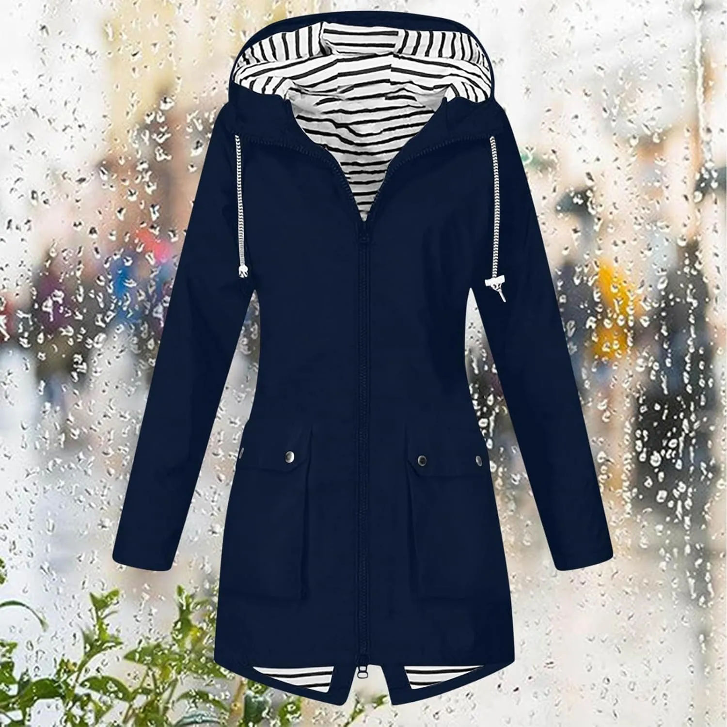 Women Light Rain Jacket with Hood Long Hooded Raincoat Waterproof Outdoor Travel Hiking Windbreaker