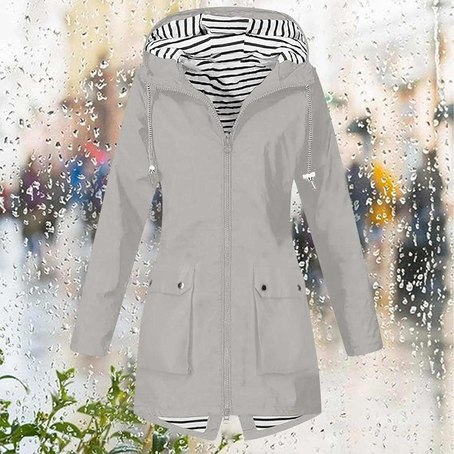 Women Light Rain Jacket with Hood Long Hooded Raincoat Waterproof Outdoor Travel Hiking Windbreaker