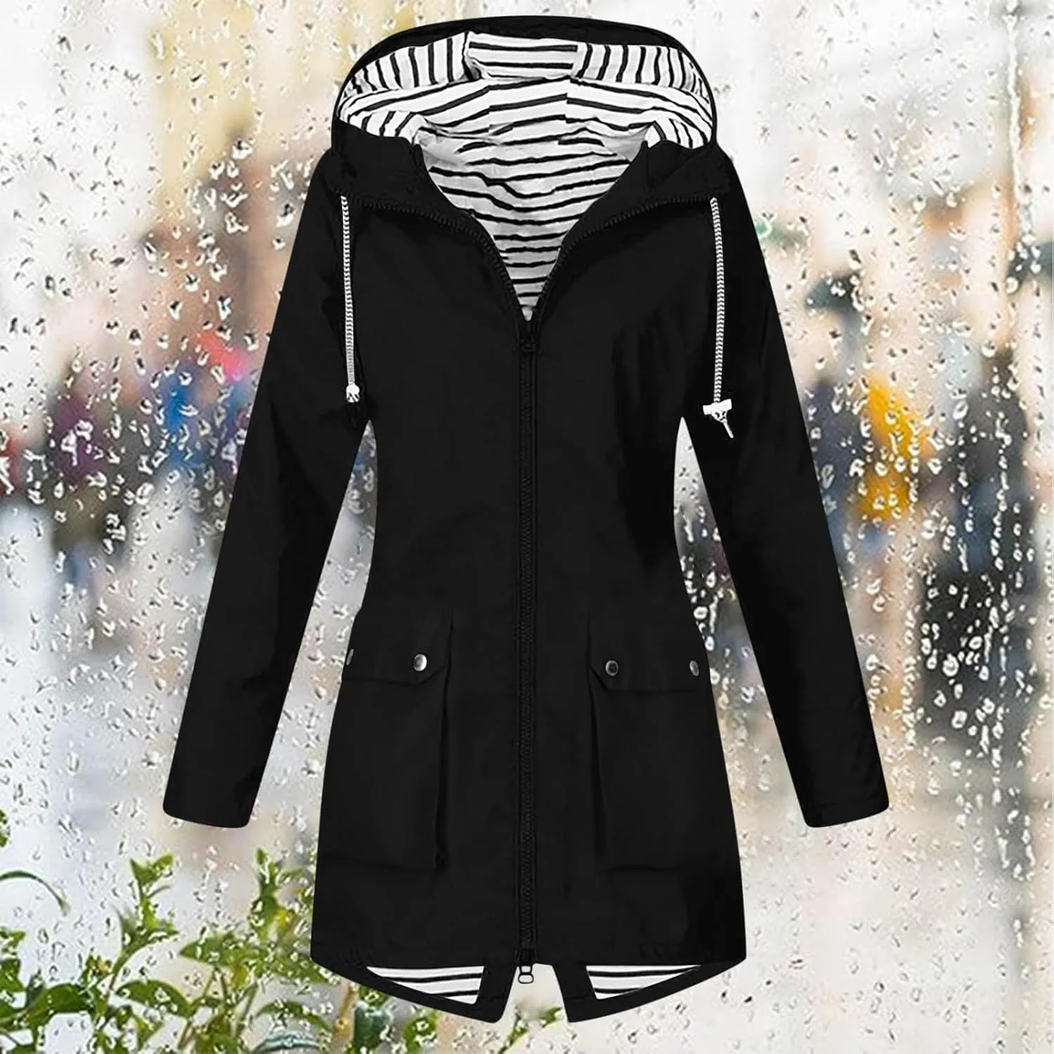 Women Light Rain Jacket with Hood Long Hooded Raincoat Waterproof Outdoor Travel Hiking Windbreaker