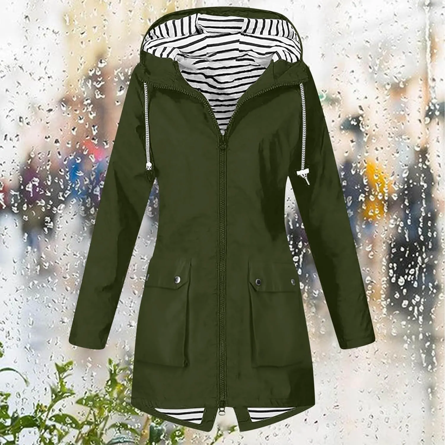 Women Light Rain Jacket with Hood Long Hooded Raincoat Waterproof Outdoor Travel Hiking Windbreaker