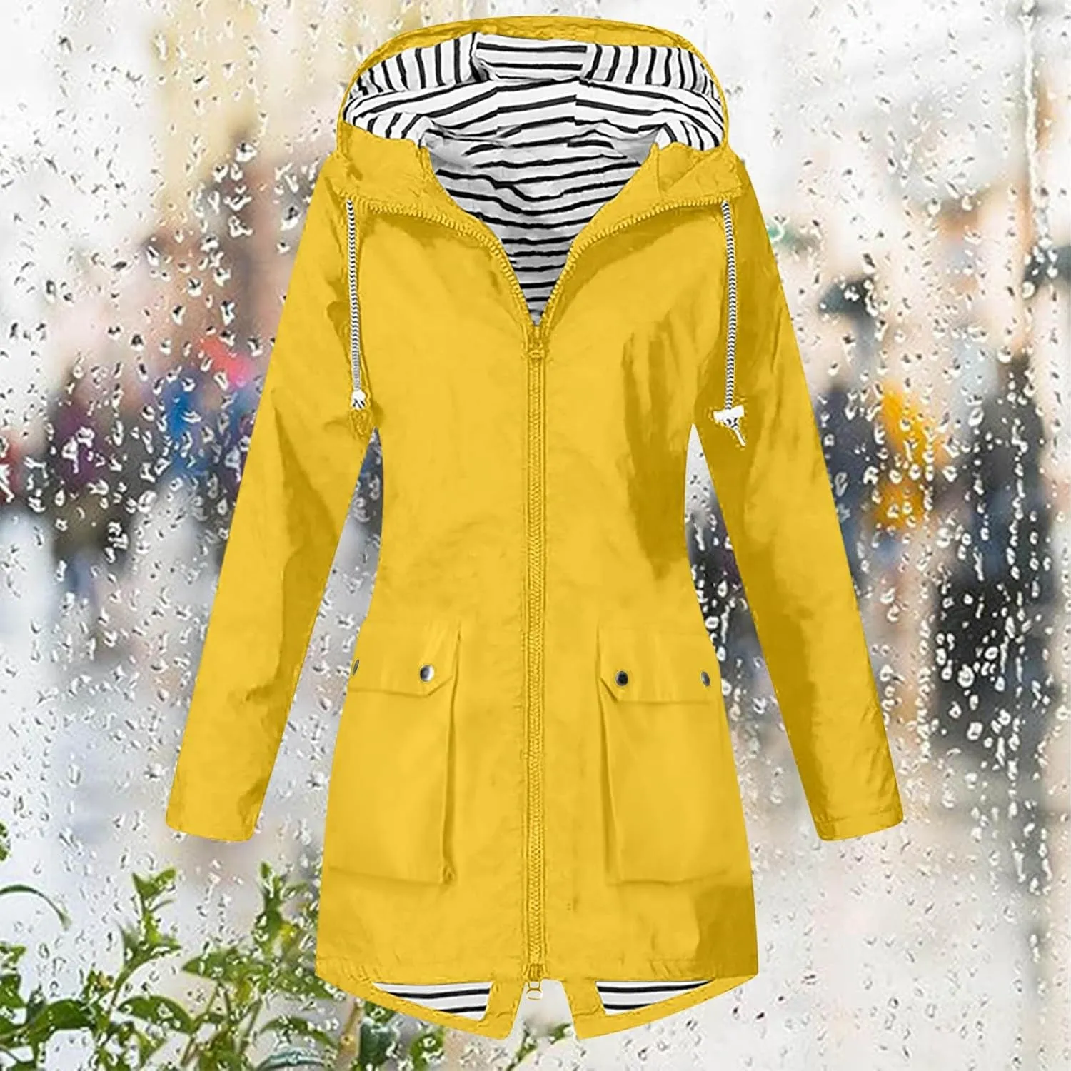 Women Light Rain Jacket with Hood Long Hooded Raincoat Waterproof Outdoor Travel Hiking Windbreaker