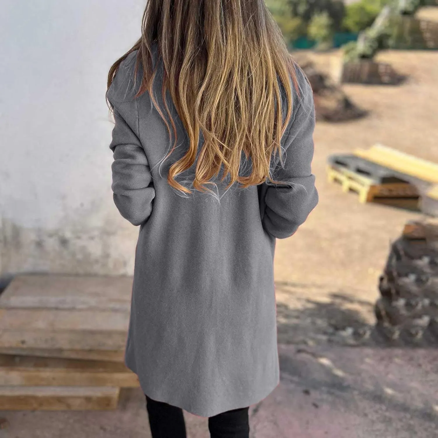 Women Open Front Wool Jackets, Oversized Loose Comfy Pea Coat Long Sleeve Lapel Wool Blend Office Fashion Outerwear