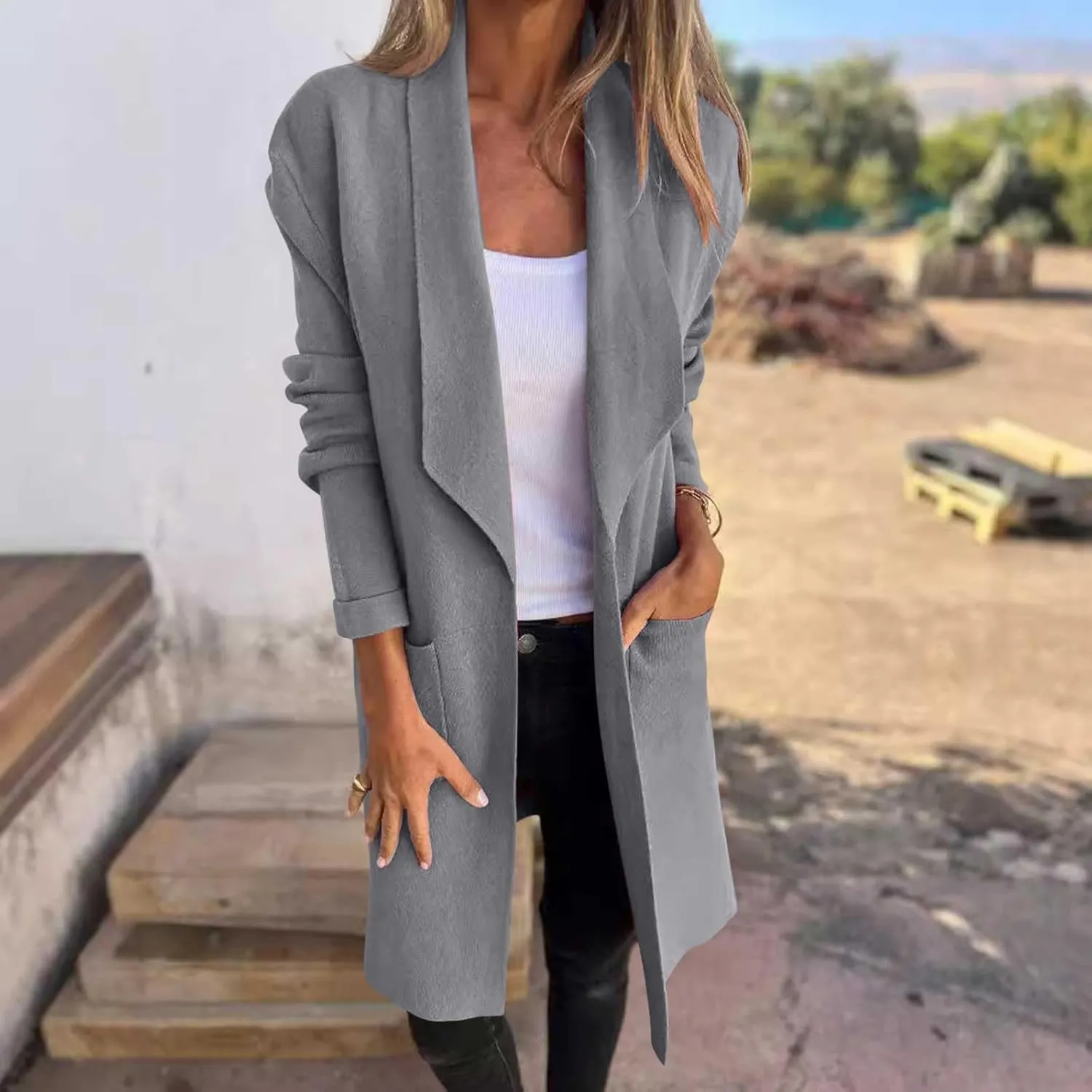Women Open Front Wool Jackets, Oversized Loose Comfy Pea Coat Long Sleeve Lapel Wool Blend Office Fashion Outerwear