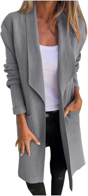 Women Open Front Wool Jackets, Oversized Loose Comfy Pea Coat Long Sleeve Lapel Wool Blend Office Fashion Outerwear