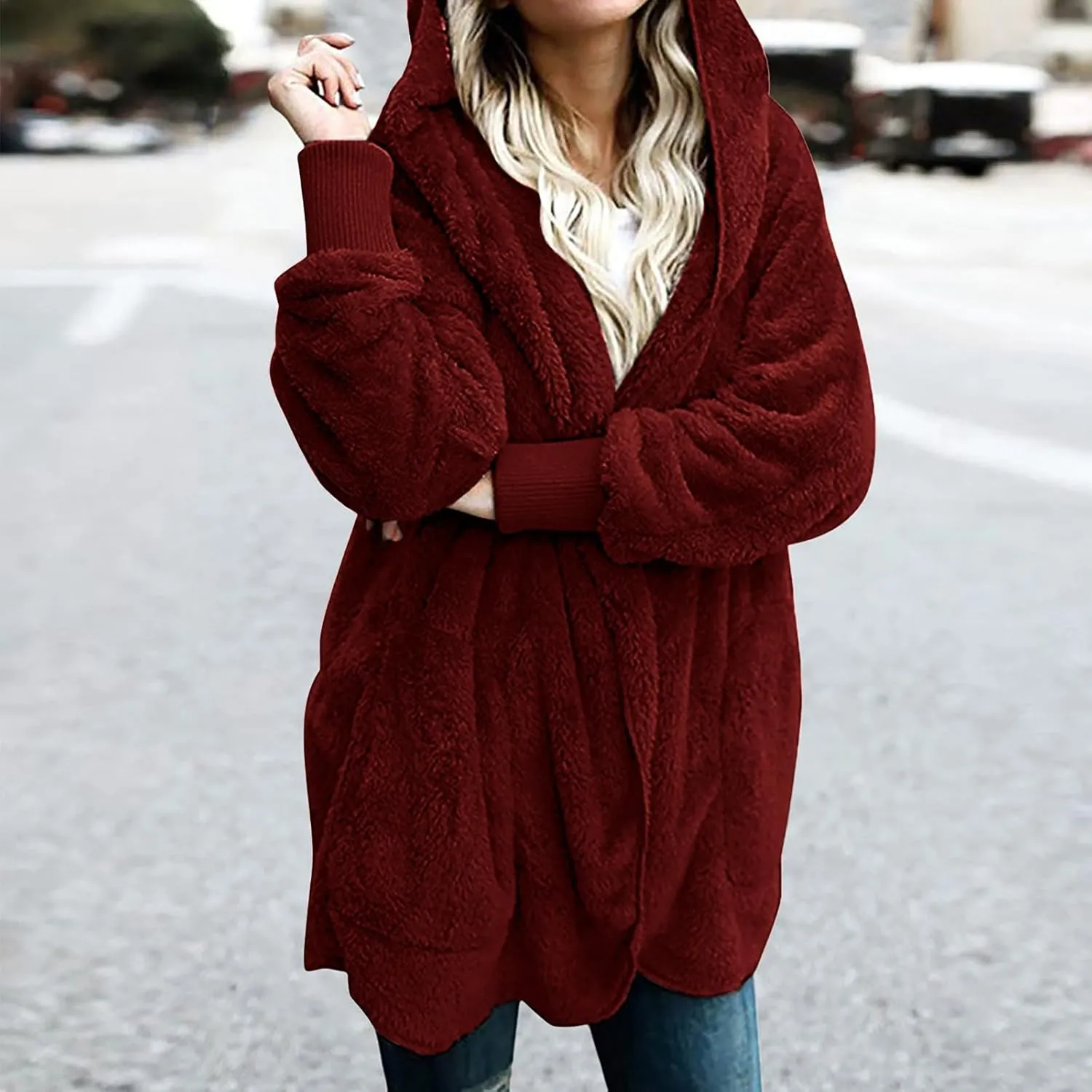 Women Oversized Plush Hoodie Coat Open Front Draped Pockets Cardigan Plain Plus Size Jacket Lightweight Sweater Coats