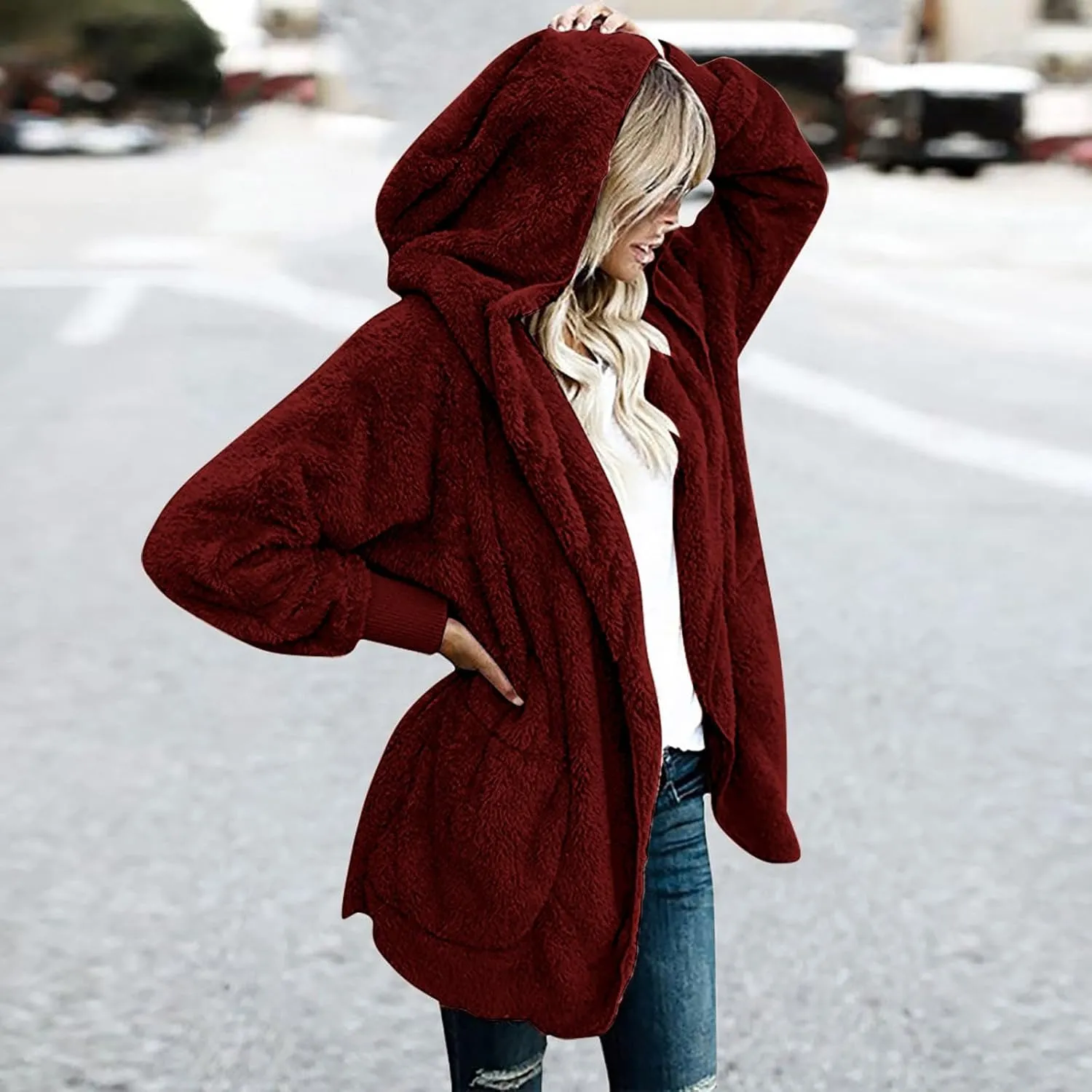 Women Oversized Plush Hoodie Coat Open Front Draped Pockets Cardigan Plain Plus Size Jacket Lightweight Sweater Coats