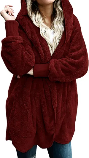 Women Oversized Plush Hoodie Coat Open Front Draped Pockets Cardigan Plain Plus Size Jacket Lightweight Sweater Coats