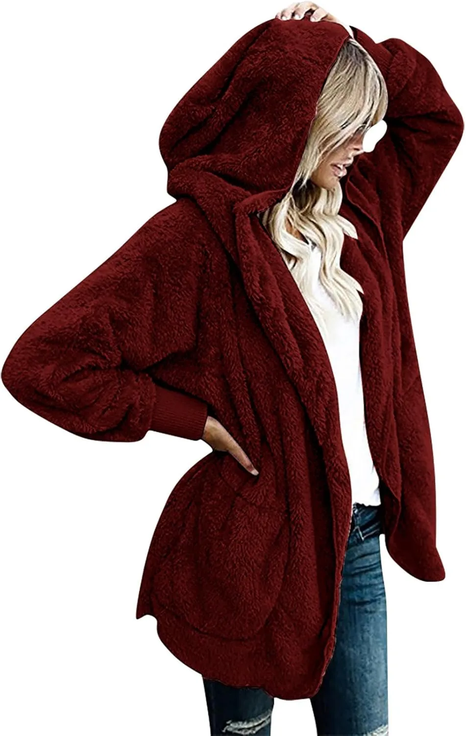 Women Oversized Plush Hoodie Coat Open Front Draped Pockets Cardigan Plain Plus Size Jacket Lightweight Sweater Coats